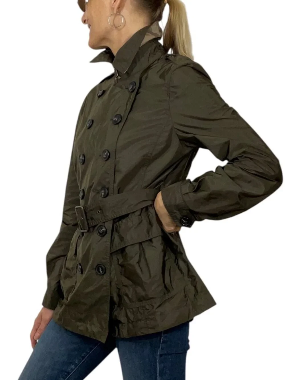 Burberry Brit Double Breasted Trench Coat Jacket US 8 Green - Picture 4 of 16